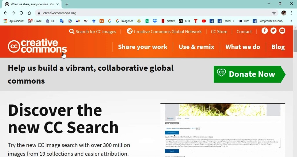 Imagen de la página de inicio del sitio web de Creative Commons