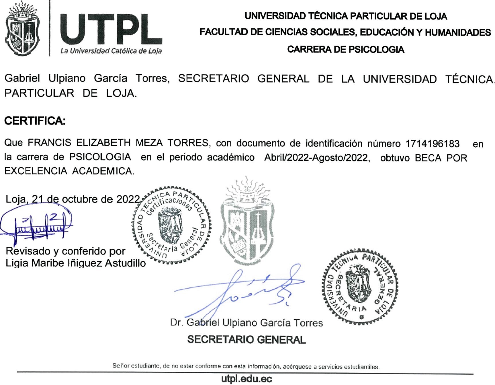 Francis Elizabeth Meza Torres - Certificado Beca Excelencia Académica