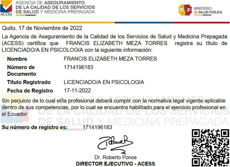 Francis Elizabeth Meza Torres - Registro Psicóloga Profesional Ministerio de Salud Pública