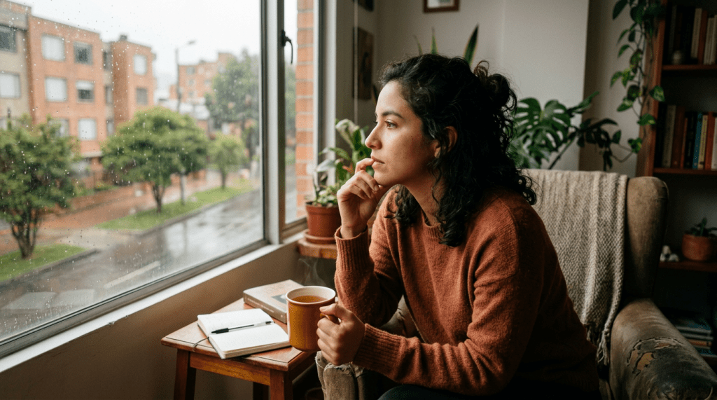 Woman sitting in armchair holding cup, looking out rainy window thoughtfully