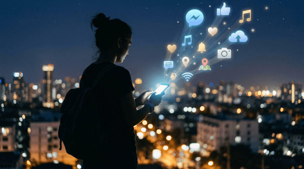 Person holding smartphone with illuminated social media icons above against city skyline at night