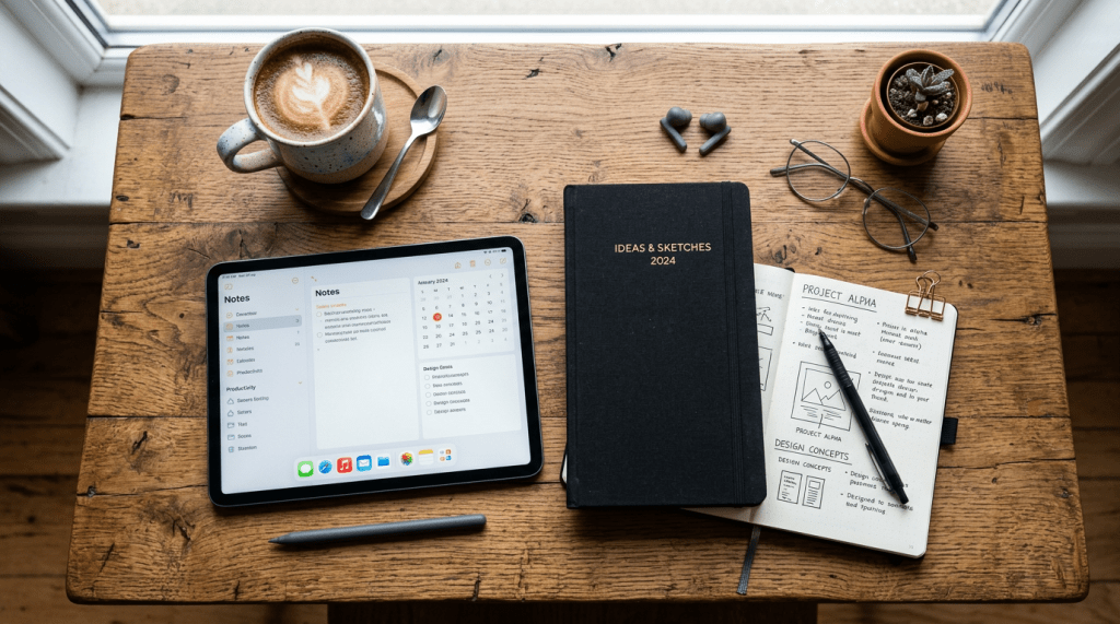 Flat lay tablet notebook coffee wooden table